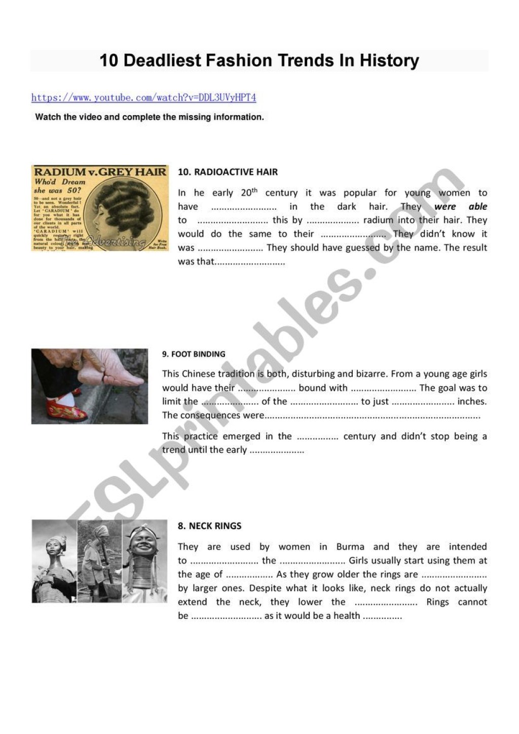 fashion trends lesson plan - O DEADLIEST FASHION TRENDS IN HISTORY - ESL worksheet by carraca